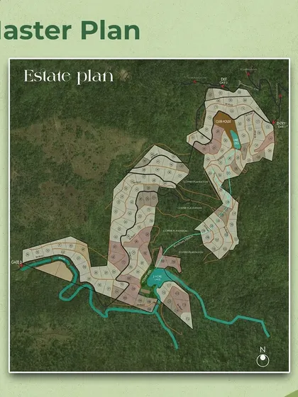 This is the detailed master plan for our 'Somewhere Over The Rainbow' estate, showing the thoughtful layout of plots, natural water bodies, and community spaces.