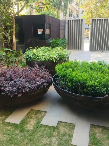A slightly different view of the entrance urns, showing how they complement the modern architecture and create a green welcome for visitors.