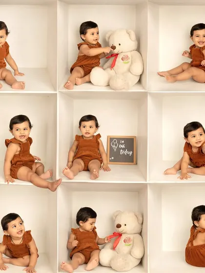 This box collage for a first birthday includes interactions with a teddy bear, adding another layer of sweetness and storytelling to the final image.