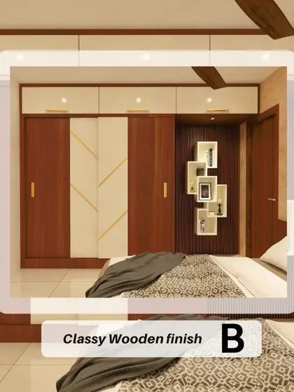 In this variation, the wooden wardrobe features white panels with elegant gold inlay details. This combination of natural wood, neutral tones, and metallic accents creates a perfect blend of modern chic and timeless warmth.