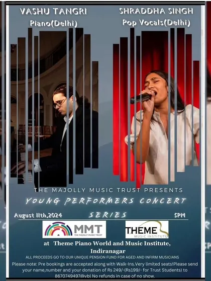 An announcement for the Young Performers Concert series, which we proudly host. All proceeds support a pension fund for aged and infirm musicians, reflecting our commitment to the broader music community.