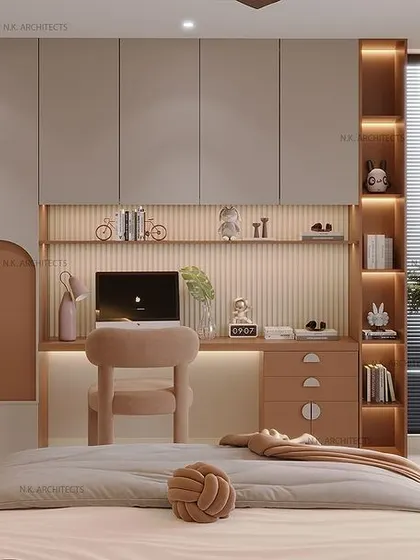 This view shows the study area and wardrobe in the beige and brown kids' room. The design is clean, functional, and provides ample storage.