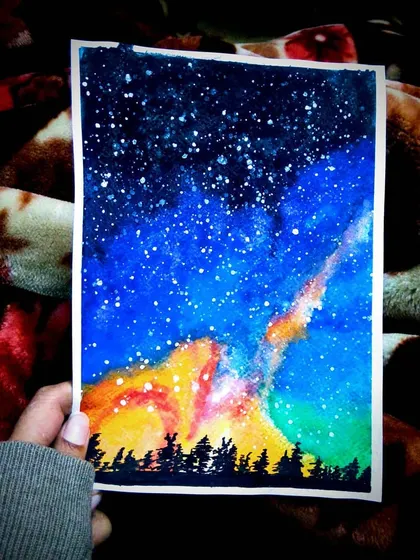 The finished watercolor night sky painting. Sharing my work, even the pieces I'm not perfectly happy with, is part of my journey as an artist.