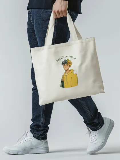 A mockup of a tote bag with my art shop logo. It's perfect for carrying sketchbooks and art supplies.