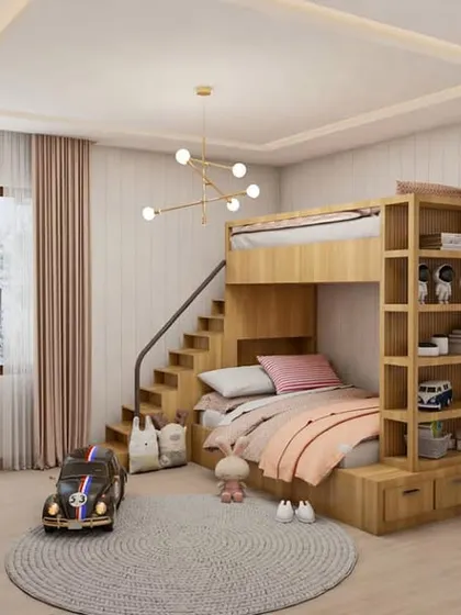 A beautiful wooden bunk bed with stairs and an integrated bookshelf, combining style and function.