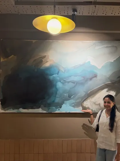 This was such a happy moment for me, seeing my first ever giant 8ft x 4ft piece installed at Sidewalk in Lucknow. This fluid art painting became a major feature of the cafe's decor.