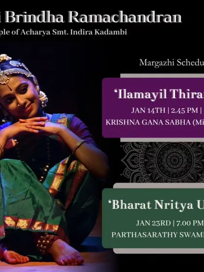 The Marghazi schedule for my student Sai Brindha Ramachandran, with performances at Krishna Gana Sabha and Parthasarathy Swami Sabha.