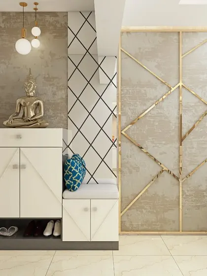 This compact entryway unit combines a shoe cabinet with a small cushioned bench. The design is set against a wall with mixed textures, including geometric patterns and a gold-accented partition.