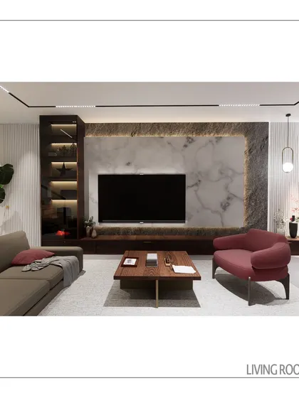 For a modern duplex residence, I drew inspiration from Regency-era elegance to create a living room that feels both grand and comfortable. A bookmatched marble feature wall, fluted wood paneling, and integrated LED lighting come together to form a space that is sophisticated and livable.
