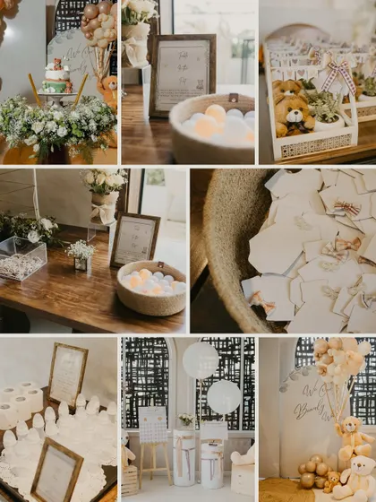 A collection of detail shots from a teddy bear themed baby shower. These images highlight the charming and sweet decorations that made the day special.