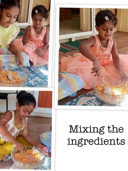 Teamwork makes the dream work. The children take turns mixing the ingredients for the Monaco canapé topping, learning to collaborate and share tasks.
