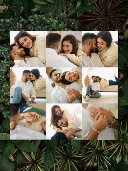 A collage of love and laughter from a cozy indoor pre-wedding shoot. This collection of images shows the variety of tender, playful, and intimate moments we aim to capture when you're in your element.