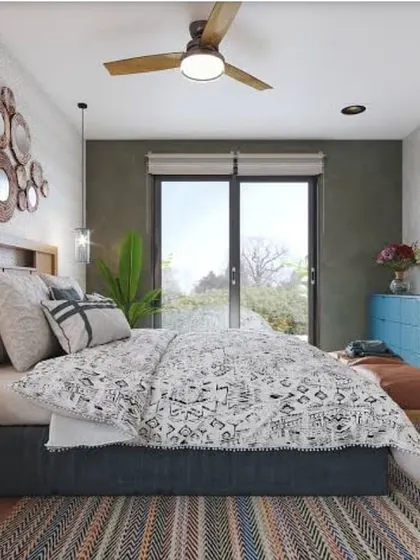 For those who love colour, we suggest bold combinations. This bedroom confidently mixes an earthy olive accent wall with pops of bright yellow and blue in the furniture.