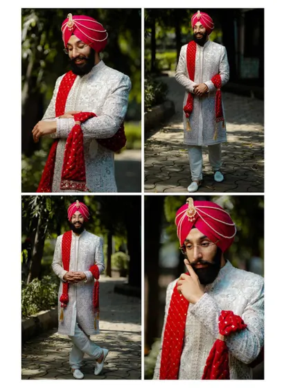 A collage dedicated to the groom's style. We take care to capture the details of the groom's attire, from the elegant sherwani to the traditional turban.