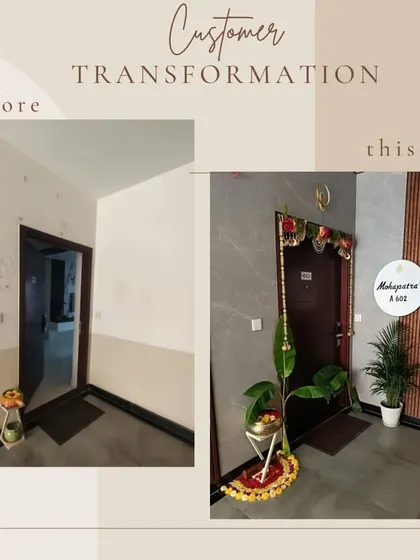 This is the kind of transformation I love. On the left is the plain original entrance, and on the right is the final look after my design and execution, creating a warm and welcoming entryway for the Mahapatra family.