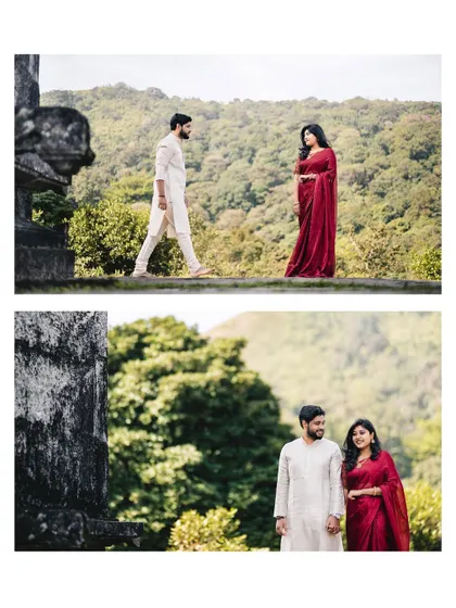 The couple walks along an old stone wall, a metaphor for their journey together, set against a stunning natural landscape.