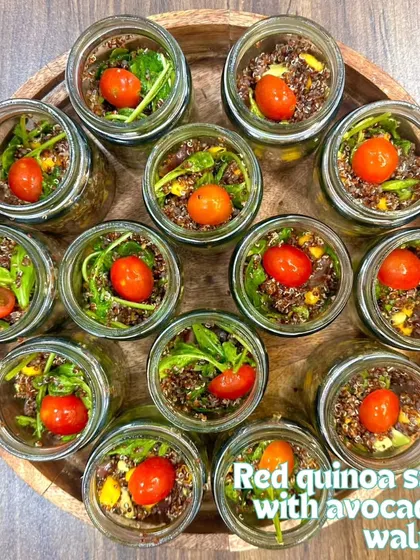 My Red Quinoa Salad with avocado and walnuts, conveniently packed in individual jars. This is a great option for corporate lunches or healthy party catering.