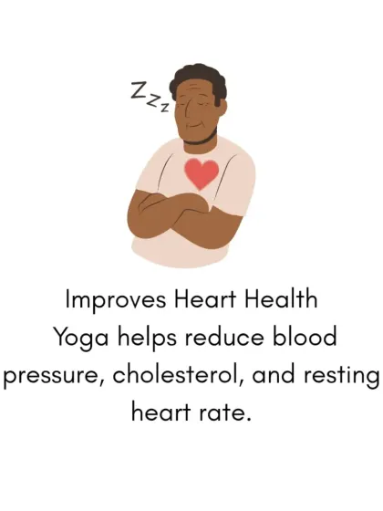 Yoga improves heart health. Regular practice helps reduce blood pressure, cholesterol, and resting heart rate, contributing to a stronger and more efficient cardiovascular system.