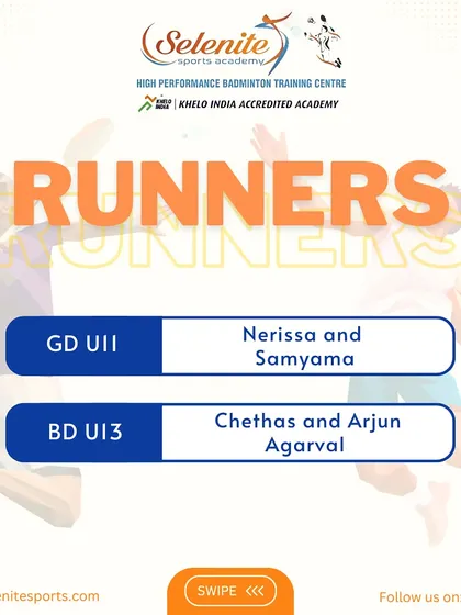 Strong runner-up finishes for Nerissa & Samyama (U-11 GD) and Chethas & Arjun (U-13 BD) at the PSM Open tournament.
