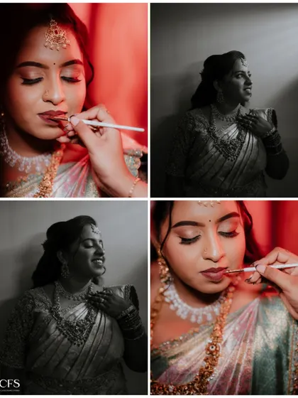 A collage showing the bride's makeup being applied. These getting-ready shots, in both color and black and white, capture the anticipation and transformation of the day.