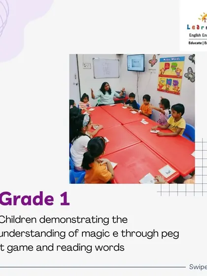 A full view of my Grade 1 class enjoying the "peg it" game for the "Magic E" rule. The entire group is engaged, discussing the words and helping each other, which creates a dynamic and effective learning environment.