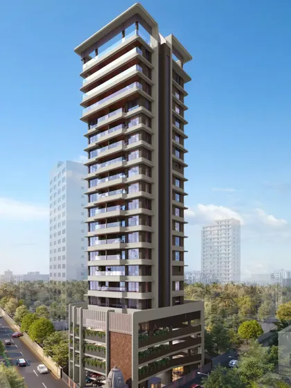 This is a rendering of our upcoming residential tower, Jade Acharya, in Matunga for the Happy Home Group. The design features a sleek, modern profile with a distinctive crown, designed to be a landmark in the neighborhood.