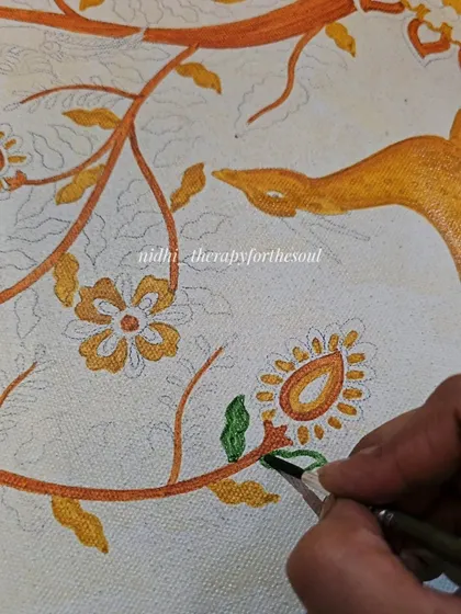 Another work-in-progress shot from 'Project K', showing the initial color blocking in orange and yellow for a Kalamkari-style piece.