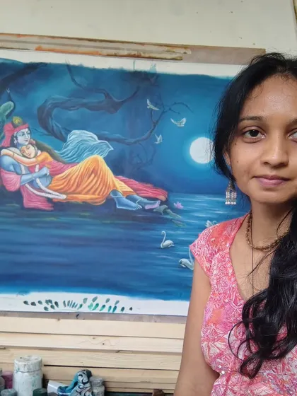 A quiet moment in my studio with the Radha Krishna oil painting. The blue full moon night felt like the perfect time to be working on this piece.