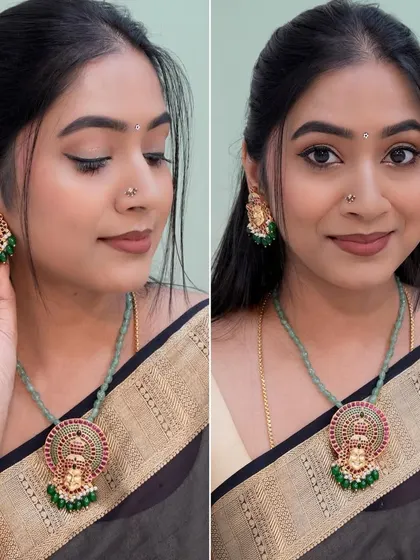 Another angle of the Yakshagana jewelry set, paired with a simple black saree and a classic winged eyeliner.
