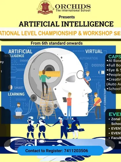 An event poster for our Artificial Intelligence National Level Championship and Workshop series, held in partnership with Orchids The International School and eDC IIT Delhi.