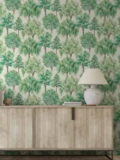 The same forest mural in a lighter, off-white colorway. This version feels more airy and painterly, bringing a soft, artistic touch to the room.