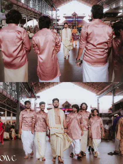 A collage showing the groom and his groomsmen making a grand entrance at the temple.