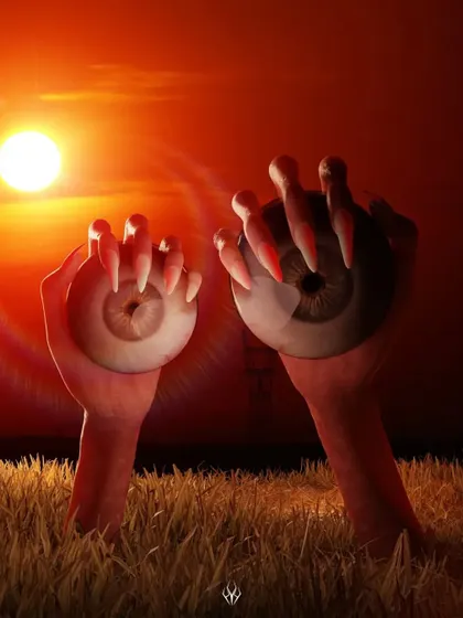 A surreal horror landscape I call "Watchers." The image of giant eyeballs held by clawed hands rising from a field at sunset is designed to be deeply unsettling and strange, playing with scale and familiar forms in a new context.