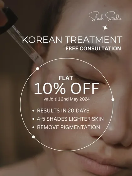 This promotional graphic outlines the key benefits of my Korean treatment: results in 20 days, 4-5 shades lighter skin, and complete removal of pigmentation.