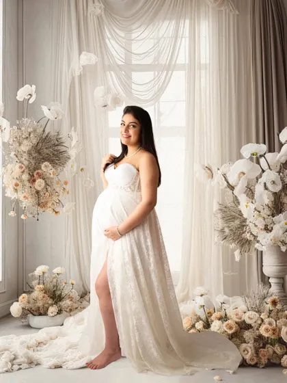 This is the magic I love to create in my studio. This gorgeous mom-to-be is surrounded by a dreamy floral setup, wearing a beautiful white lace gown that perfectly accentuates her glow. This fine-art pregnancy portrait is all about elegance and serenity.