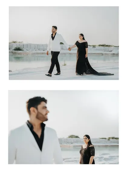A diptych featuring a walking shot and a portrait using shallow depth of field, creating a narrative and artistic feel.