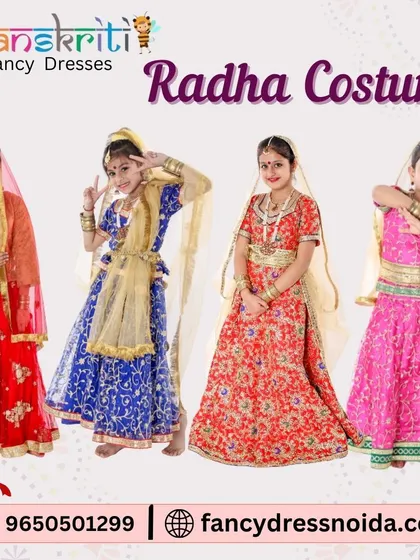 A showcase of our Radha costume collection, available for both adults and children. The image displays four different lehenga styles in red, blue, and pink, highlighting the variety of designs and sizes we stock.