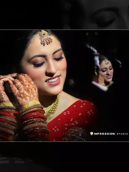 A collage showcasing the bride's beauty, with a focus on her getting ready moments and traditional red attire.