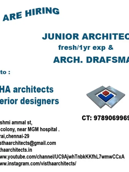 A straightforward ad from Vistha Architects in Chennai for Junior Architects, open to freshers or those with one year of experience.