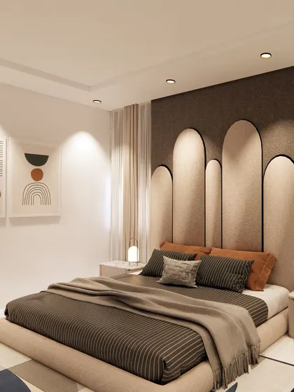 A visualization of a bedroom with an earthy and modern aesthetic. The arched, upholstered headboard and abstract art create a soft yet sophisticated look.
