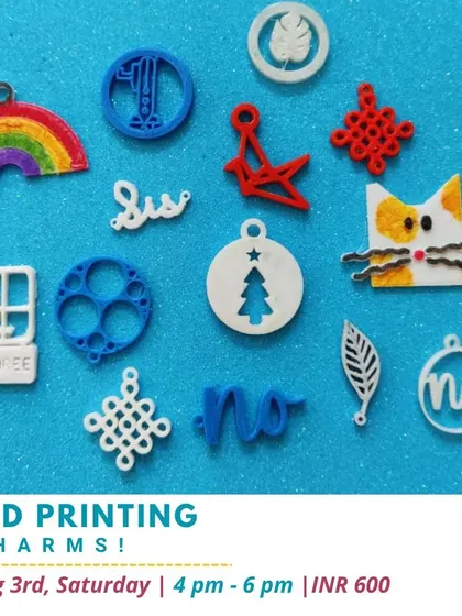 A vibrant display of custom 3D printed charms made in our workshop. Each one is a unique creation, designed by the participants themselves.