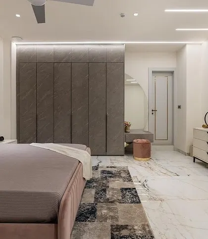 The full bedroom suite, including our custom bed, dresser, and a unique wardrobe with a textured finish, all part of the "Pink Paradise" room.