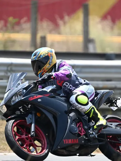 A rider on a Yamaha R15 at the track. Our training is for everyone, and we help riders of all bike types improve their skills and confidence.