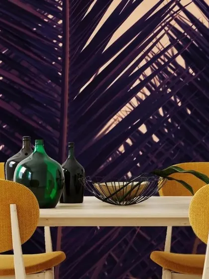 A close-up of dark purple palm leaves against a soft background. This dramatic, large-scale design adds a touch of moody, tropical elegance to a modern dining space or lounge.