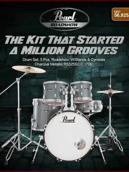 The Pearl Roadshow kit in Charcoal Metallic. It includes everything a new drummer needs to start their journey, from the bass drum to the crash cymbal.