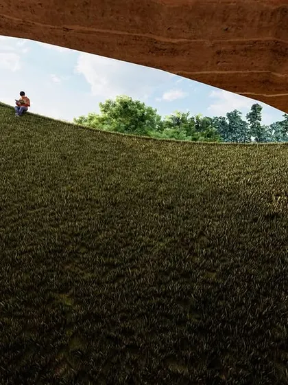 The Elephant Pavilion in Pollachi is a structure that merges with the landscape. A green roof provides thermal insulation and visual continuity, while a large oculus frames the sky, creating a space for observation that is shaped by the slope and sequence of the land itself.