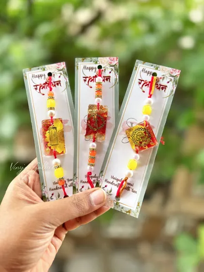 More of my unique resin rakhi designs, featuring vibrant colors and traditional motifs like the Om symbol. Each piece is curated one at a time, because your brother deserves a rakhi as special as your bond.