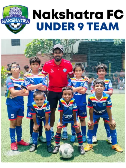 The victorious Nakshatra FC Under-9 team with their coach. Their success in the DPDL tournament is a result of teamwork and a passion for learning.