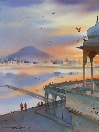 I painted this landscape of the Pushkar ghat on location during a national artist camp. My goal with "en plein air" painting is to capture the raw atmosphere and mood of a place, from the light of the setting sun to the birds in the sky.