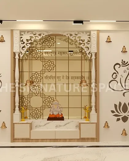 Executing sacred spaces requires precision. For this pooja unit, we translated an intricate design into reality, managing the CNC-cut backdrop, installing the backlighting, and building the marble-topped base cabinet to create a serene and flawless centerpiece.